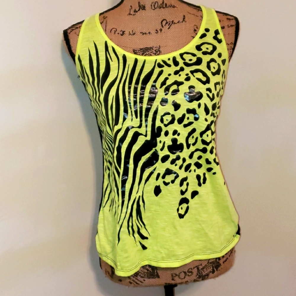 Neon yellow racer back tank top.